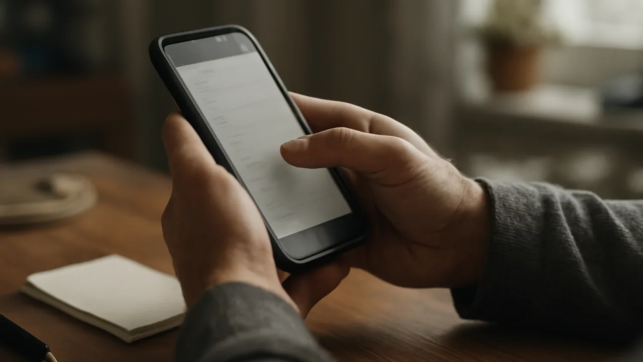 Günlük bir ev ortamında bir kişinin telefonu elinde tutup yinelenen kişi kayıtlarıyla ilgili ayarları düzenlediği anı gösteren gerçekçi bir fotoğraf.